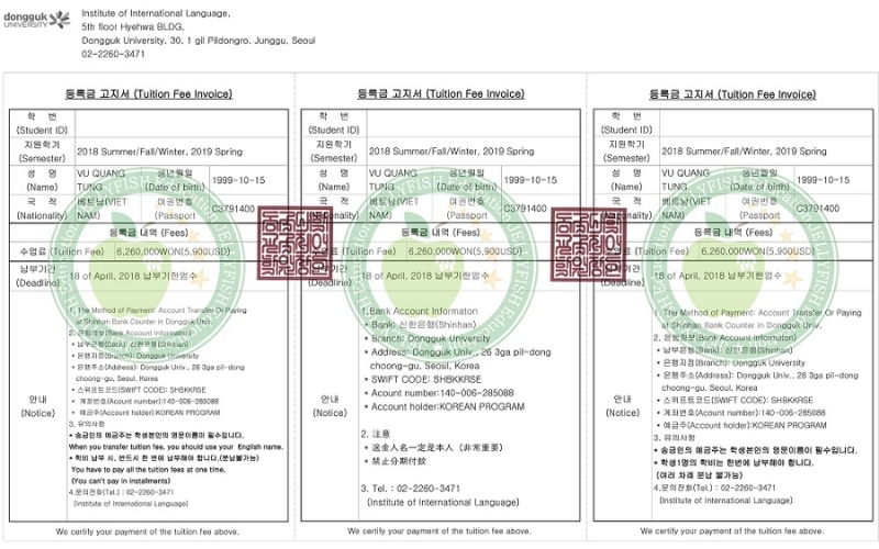 Thông tin trong invoice du học Hàn